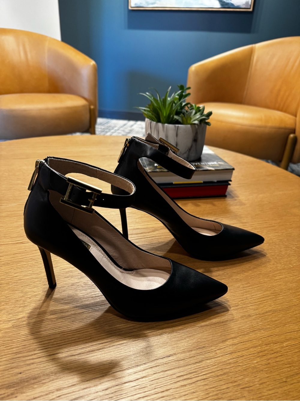 Louise et Cie Black Pointed-Toe Ankle-Strap Pumps with Gold Buckle - Picture 2 of 16